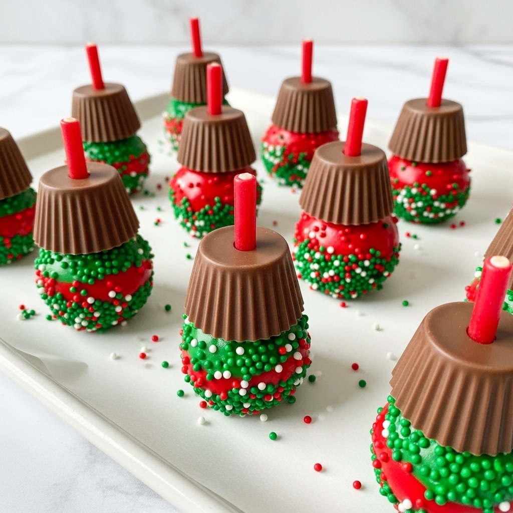 The image shows several small treats on a white tray lined with white paper. Each treat has three parts: the bottom layer is a round ball covered in either bright red or green candy coating with small red, green, and white sprinkles scattered on and around it. On top of this ball sits a smooth milk chocolate cup turned upside down. Finally, a short red candy stick is placed vertically in the center of the chocolate cup, giving the appearance of a Christmas candle. The treats are arranged in rows and the whole scene is set against a white marbled texture surface. Photo taken with an iphone --ar 4:5 --v 7