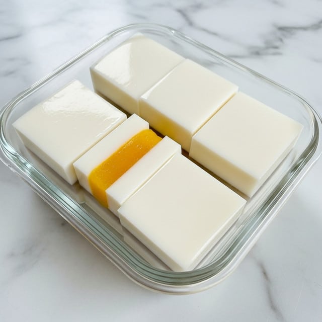 The image shows four smooth, white, jelly-like cubes arranged neatly inside a clear glass container. Each cube is composed of two layers: the top layer is a clean, glossy white with a soft texture, while the bottom layer is denser and white with a more solid look. One cube in the middle reveals a bright yellow piece inside, sandwiched between the two white layers, adding a pop of color. The glass container sits on a white marbled surface, and the photo is taken up close, capturing the shiny and slightly translucent qualities of the dessert. photo taken with an iphone --ar 4:5 --v 7