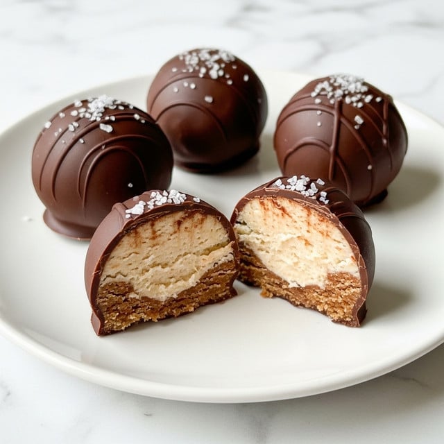 Four round chocolate-covered truffles sit on a white plate, with three whole truffles topped with small white salt crystals and one truffle cut in half showing a thick, creamy, pale beige filling inside. The smooth, shiny chocolate coating contrasts with the soft, crumbly textured inner layer. The plate rests on a white marbled surface. photo taken with an iphone --ar 4:5 --v 7