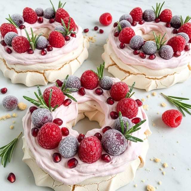 This image shows three pieces of pavlova arranged on a white marbled surface. Each pavlova piece has two layers: a base layer of a pale cream-colored, smooth and slightly cracked meringue shaped in an irregular round form with curled edges, topped with a thick, fluffy layer of pale pink whipped cream. On top of the whipped cream, there are bright red fresh raspberries, sugared cranberries covered in a light white frost, and scattered pomegranate seeds. Small sprigs of green rosemary with a dusting of white sugar are placed among the fruits, adding contrast and decoration. Some fruit and crumbs are scattered around the pavlova pieces. photo taken with an iphone --ar 4:5 --v 7