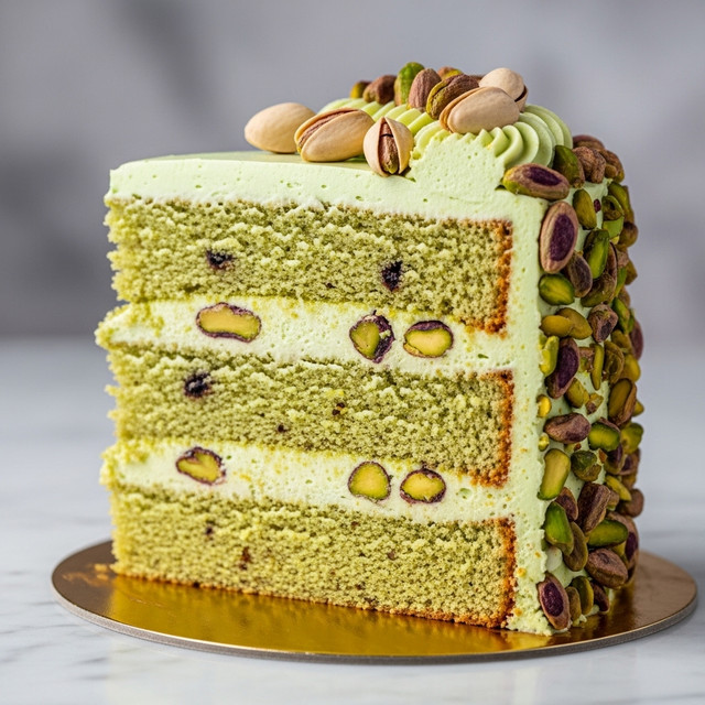 A close-up view of a three-layer pistachio cake slice sitting on a golden cake board placed on a white marbled surface, the bottom, middle, and top layers are moist light green pistachio sponge with small dark nut pieces, between each cake layer is a thick pale green creamy frosting with visible pistachio chunks, the outside is covered with the same pale green frosting and generously topped and decorated with whole and chopped pistachio nuts, with the pistachios spilling delicately down the side, the background is softly blurred gray and white to highlight the cake slice photo taken with an iphone --ar 4:5 --v 7