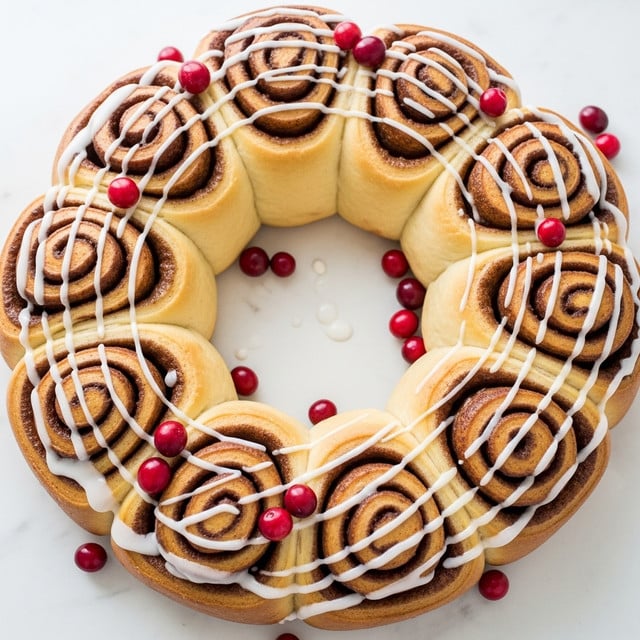 A ring of cinnamon rolls arranged closely in a circle on a white marbled surface, each roll showing golden-brown, slightly crispy outer edges with swirls of soft, light brown cinnamon filling visible inside. The rolls are topped with a thin, glossy layer of white icing drizzled unevenly across the spirals. Scattered bright red cranberries rest on and around the rolls, adding a pop of color and contrast to the warm tones of the pastry. The texture of the cinnamon rolls appears soft and fluffy with a shiny glaze. photo taken with an iphone --ar 4:5 --v 7