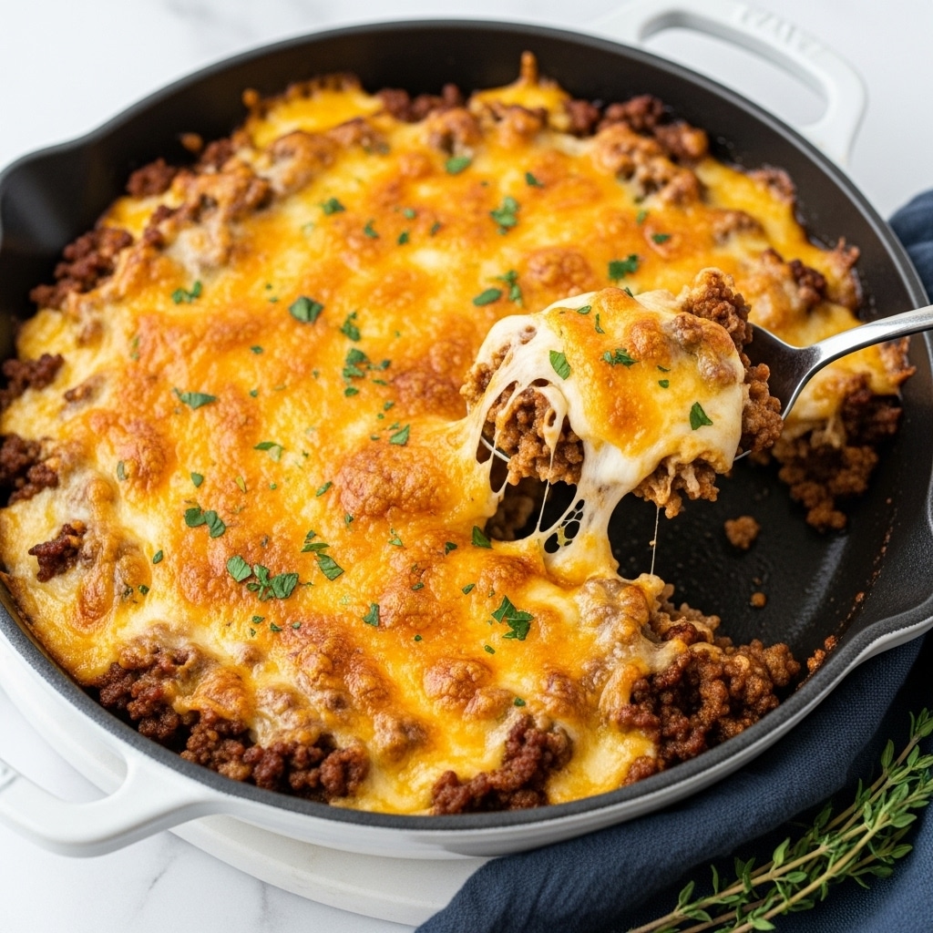 The image shows a close-up of a black cast iron skillet with two white handles filled with a baked dish topped with a golden-brown, melted cheese layer that is slightly crispy and bubbly. Beneath the cheese, there appears to be a layer of browned ground meat evenly spread across the surface, giving the dish a textured look. Small bits of green herbs are scattered sparingly on top for a fresh accent. A silver spoon is scooping into the dish, lifting a portion that reveals gooey, stretchy melted cheese underneath the top crust. The skillet rests on a white marbled surface next to a dark blue cloth and a small sprig of herbs. photo taken with an iphone --ar 4:5 --v 7