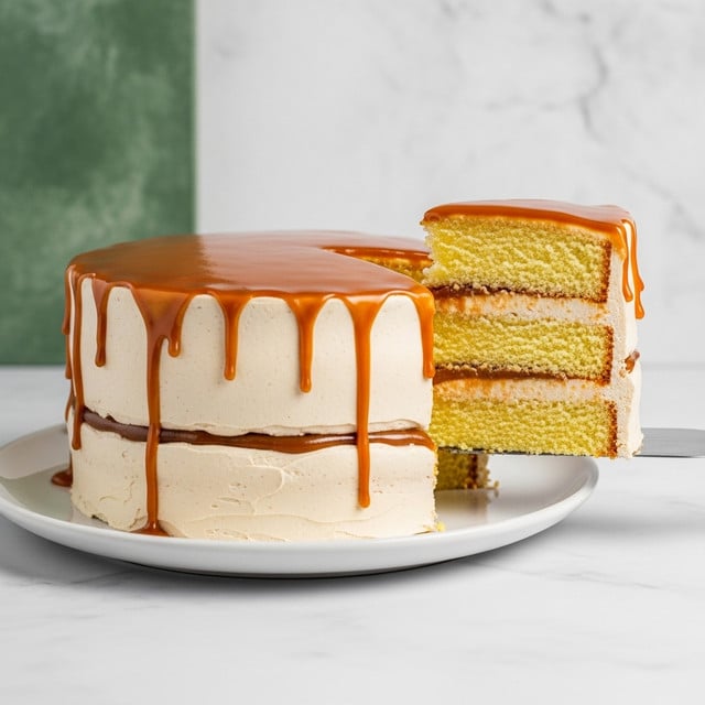 A two-layer round cake with light yellow sponge layers separated by a thin layer of light beige cream, all covered evenly with the same light beige cream on the outside. Thick, glossy caramel sauce drips from the top edges, flowing down the sides in smooth streams. One slice is lifted on a spatula, showing the inside layers clearly. The cake sits on a plain white plate against a white marbled surface with a green textured background partly visible. Photo taken with an iphone --ar 4:5 --v 7