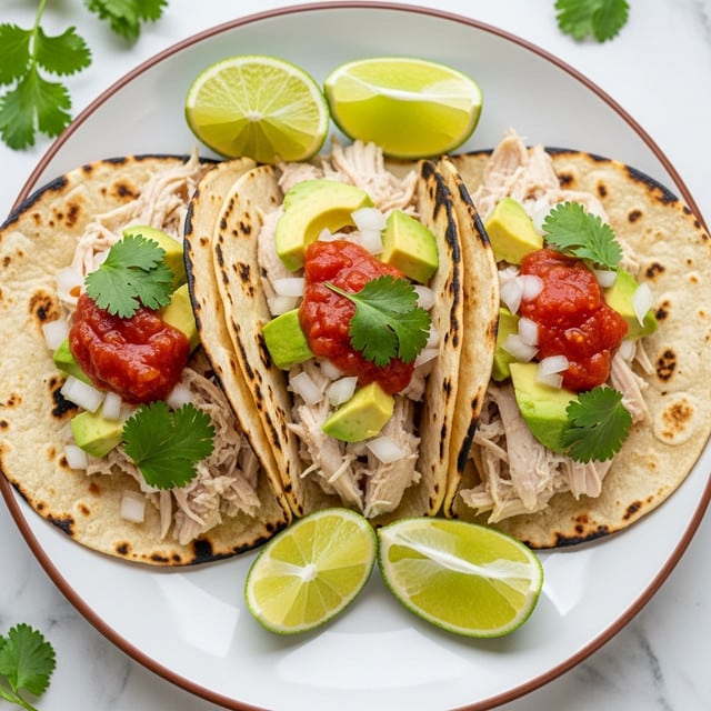Three soft corn tortillas with a light char form the base, each filled with shredded pale cooked chicken. On top of the chicken, there are bright red tomato salsa dollops, small chunks of creamy green avocado, and finely chopped white onions. Fresh green cilantro leaves are scattered over the tacos for color and texture. The tacos rest on a white plate with a thin brown rim, accompanied by lime wedges with a pale green inside. The whole scene is set on a white marbled surface with some green herbs visible around the edges. Photo taken with an iphone --ar 4:5 --v 7