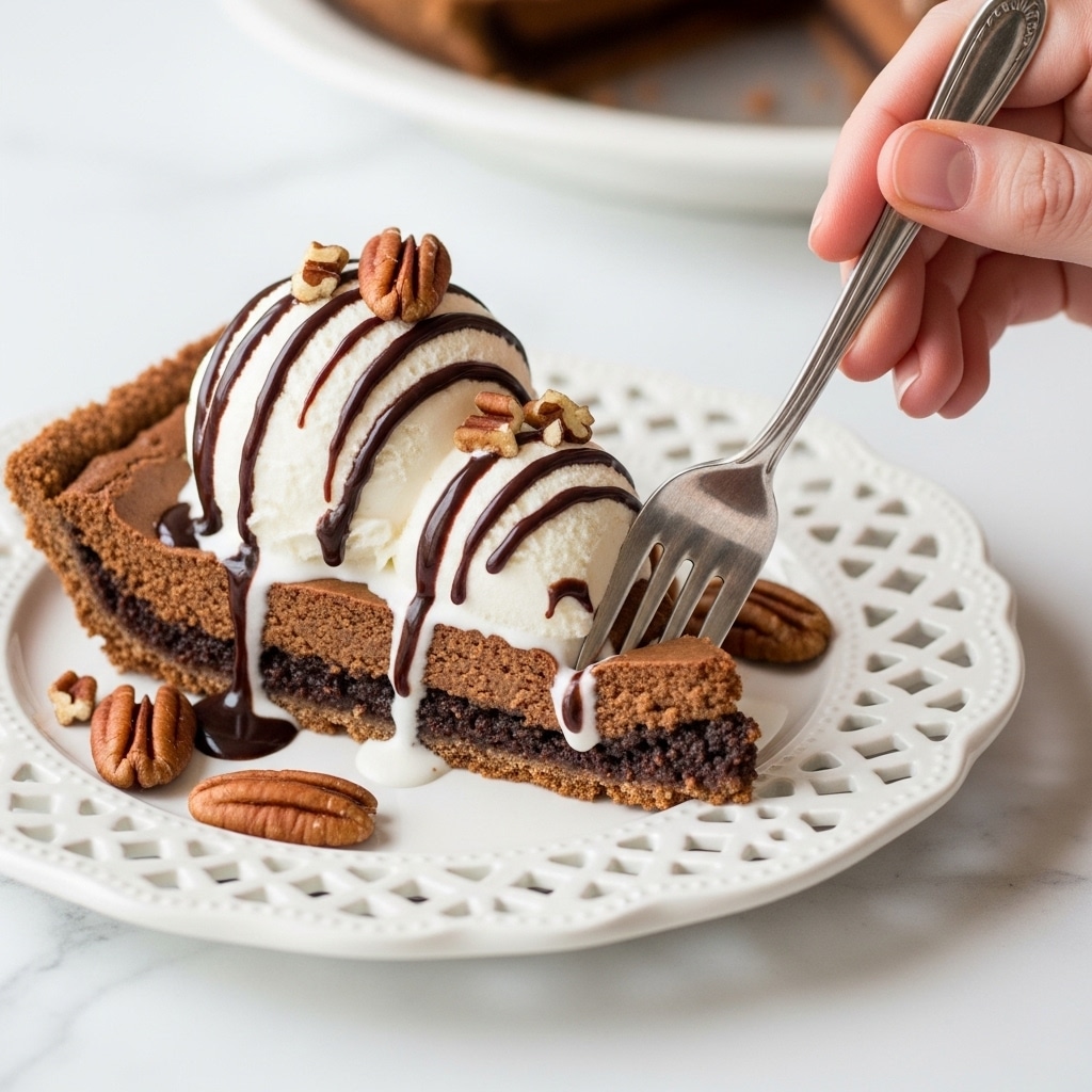 A close-up of a slice of pie with a crumbly, dark brown bottom layer and a solid, slightly lighter brown top crust, placed on a white plate with a delicate cut-out pattern around the edge. On top of the pie is a scoop of white ice cream, which has a creamy texture and is decorated with a few whole and chopped pecans. Dark chocolate syrup is drizzled over the ice cream and pie, with extra pecans scattered next to the slice. A woman's hand holds a silver fork, pressing into the pie and ice cream. The whole setting is on a white marbled surface. photo taken with an iphone --ar 4:5 --v 7