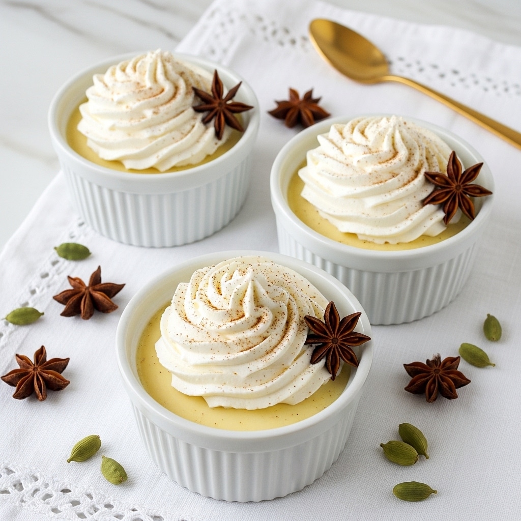 Three white ramekins each contain two layers: a thick, smooth, light yellow pudding as the bottom layer, topped with a generous swirl of creamy white whipped topping that has a dusting of fine brown specks. Each swirl is decorated with a dark brown star anise placed on the side near the rim. The ramekins rest on a white cloth with subtle lace details, set on a white marbled surface. Scattered around the ramekins are several star anise pods and green cardamom pods, with a gold spoon placed near the upper right side, adding warmth to the otherwise bright and clean setting. Photo taken with an iphone --ar 4:5 --v 7