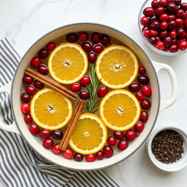 A white pot filled with water on a white marbled surface holds bright red and dark red cranberries floating on top, along with four round orange slices placed evenly across the pot. Two brown cinnamon sticks lie diagonally inside, crossing the cranberries and orange slices. A small green sprig of rosemary is also floating among the fruit and spices. Nearby, on the white marbled surface, a clear bowl with more cranberries and a small white bowl with whole cloves sit beside the pot. A striped black and white cloth is placed at the bottom left corner. Photo taken with an iphone --ar 4:5 --v 7