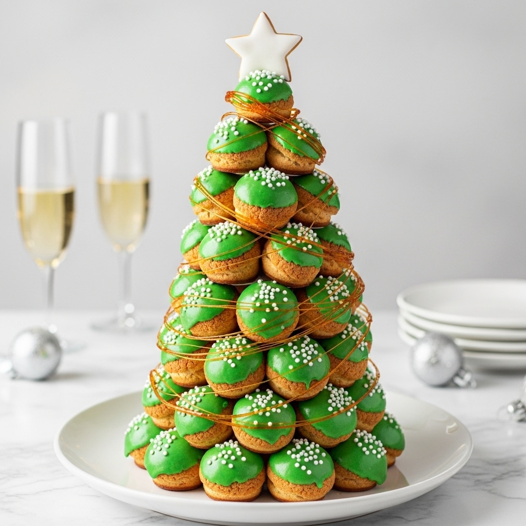 A tall cone-shaped tower is made by stacking many small round cream puffs covered in bright green icing with white round sprinkles on top. The puffs are arranged in layers, each layer smaller than the one below, creating a Christmas tree shape. Thin strands of amber-colored caramel are draped and wrapped around the tower, adding a shiny detail. A white star-shaped cookie tops the tower like a tree topper. The tower sits on a large white plate on a surface with a white marbled texture, with blurred champagne glasses and holiday ornaments softly visible in the background. photo taken with an iphone --ar 4:5 --v 7