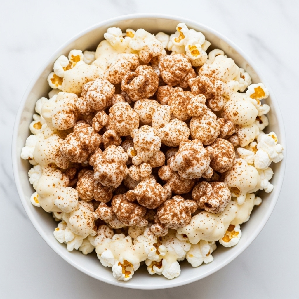 A white bowl filled with popcorn covered in a thick white glaze that looks creamy and smooth, with a light sprinkle of brown powder, likely cinnamon, scattered unevenly on the popcorn and glaze, all placed on a white marbled surface, the popcorn is fluffy, white with some pieces showing a slight yellow tint, and the glaze drips slightly over the edges of the bowl. photo taken with an iphone --ar 4:5 --v 7