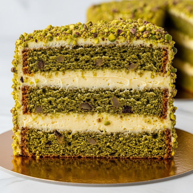 The image shows a close-up of a three-layered cake slice. The cake layers are a greenish color with a moist, textured surface, seeming to contain bits of nuts or fruit inside. Between the cake layers are two thick, creamy, pale yellow fillings that look smooth and rich. The cake is covered on the top and sides with chopped green pistachios, giving it a crunchy texture. The slice is placed on a shiny, bronze-colored round plate set on a white marbled surface. Photo taken with an iphone --ar 4:5 --v 7