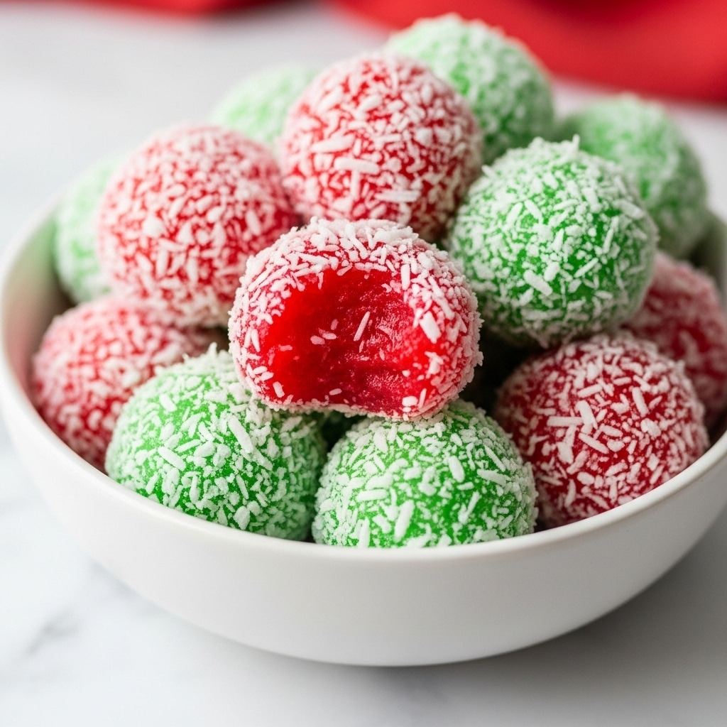 A close-up view of small round treats covered in white shredded coconut, placed in a white bowl. The treats come in two colors: bright red and light green, mixed together. One red treat in the front center is partially bitten, showing a soft, moist inside matching the outside color. The bowl rests on a soft white marbled surface with a blurred red cloth in the background, adding a warm touch. photo taken with an iphone --ar 4:5 --v 7