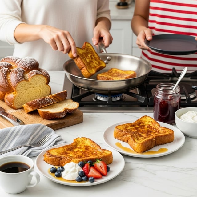 The image shows a breakfast scene with two slices of golden-brown French toast placed on two white plates, one plate topped with a dollop of white cream, fresh blueberries, and sliced strawberries, along with some syrup pooled around the toast. The French toast has a rich, caramelized texture on top. Behind the plates, a loaf of dark brown braided bread with a soft, light-colored inside is sliced on a wooden board. On the stovetop, a woman's hand is flipping a slice of French toast in a shiny silver frying pan, while another person wearing a red and white striped shirt holds an empty dark plate. Nearby, a jar of dark red jam and a white bowl filled with cream are visible, all arranged on a white marbled surface. A white cup of black coffee sits in the foreground. photo taken with an iphone --ar 4:5 --v 7