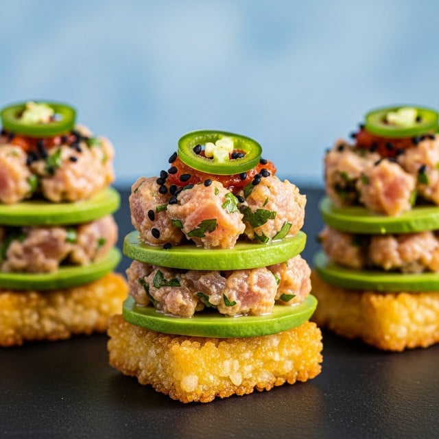 The image shows three small appetizers, each made with three layers stacked neatly. The bottom layer is a crispy golden-brown square base with a crunchy texture. On top of this base is a thin layer of bright green avocado slices arranged evenly. The top layer is a chunky mix of pinkish-orange fish or seafood mixed with herbs and sauce, garnished with small black seeds and a thin round slice of green chili pepper. All three appetizers are placed on a dark surface with a soft blue background behind them. photo taken with an iphone --ar 4:5 --v 7