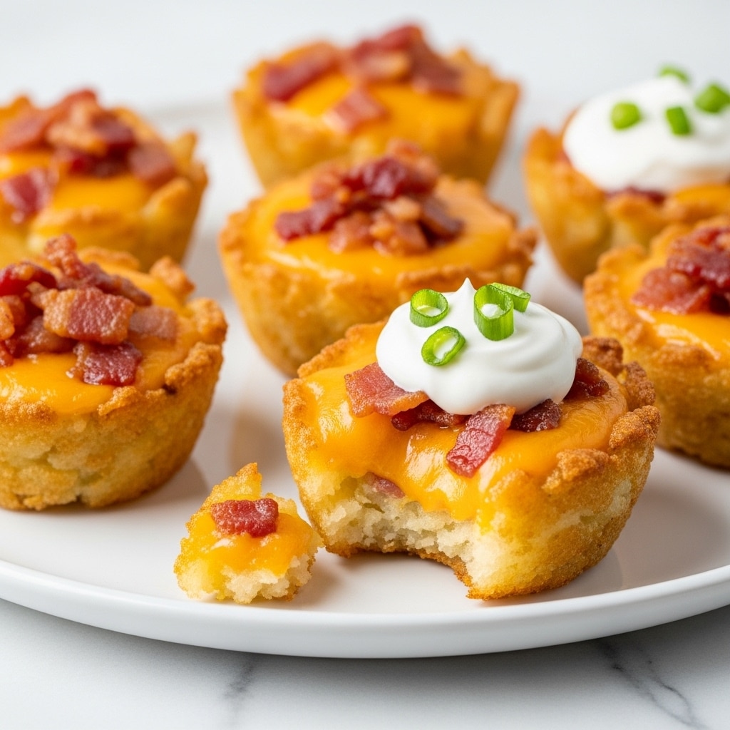 The image shows small round potato nests that are golden and crispy on the outside, forming the base and edges. Inside each nest is a layer of melted orange cheddar cheese mixed with small crispy bacon bits, which are a darker reddish-brown color. One nest is topped with a swirl of white sour cream and a few small green slices of scallion on top. The nests are placed on a smooth white plate, which sits on a white marbled surface. One potato nest near the front has a small bite removed, showing the soft inside texture photo taken with an iphone --ar 4:5 --v 7