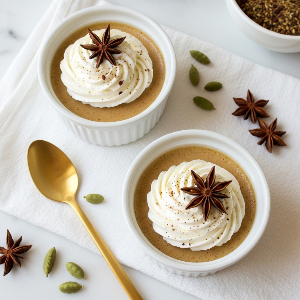 The image shows two small white ramekins filled with a smooth light brown dessert topped with a swirl of white whipped cream sprinkled lightly with spices. Each swirl of whipped cream has a dark brown star anise placed on top. The ramekins sit on a white textured fabric on a white marbled surface, with some green cardamom pods and additional star anise scattered around. A golden spoon lies nearby, and part of a white bowl with a mix of spices is visible in the upper right corner. photo taken with an iphone --ar 4:5 --v 7
