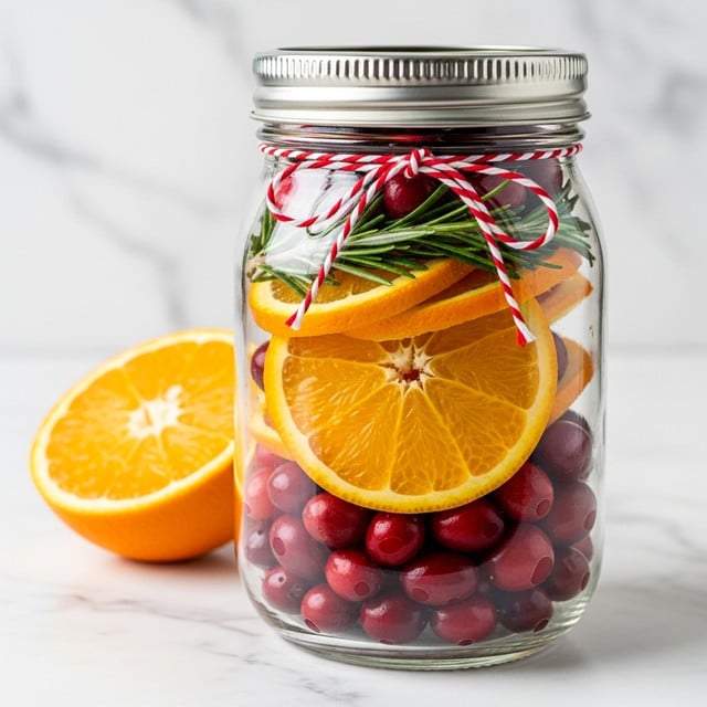 A clear glass jar with a silver lid tied with red and white striped string contains several layers: at the bottom, bright red cranberries fill the space, above them there are thick orange slices showing their juicy texture, and above the oranges, a few green rosemary sprigs add a fresh touch. The jar sits on a white marbled surface, and a halved orange is placed nearby on the left side. The background is softly blurred, focusing on the jar and its vibrant contents. photo taken with an iphone --ar 4:5 --v 7