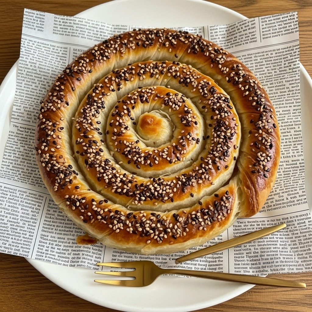 The image shows a stack of golden, flaky pastry pieces on a white plate lined with newspaper-style paper print. Each pastry piece is topped with white, crumbly cheese that slightly melts into the pastry’s layers. The pastry is sprinkled with small brown seeds, adding texture and color contrast to the light golden brown crust. A gold fork and knife rest on the right side of the plate. The plate is set on a white marbled surface. photo taken with an iphone --ar 4:5 --v 7