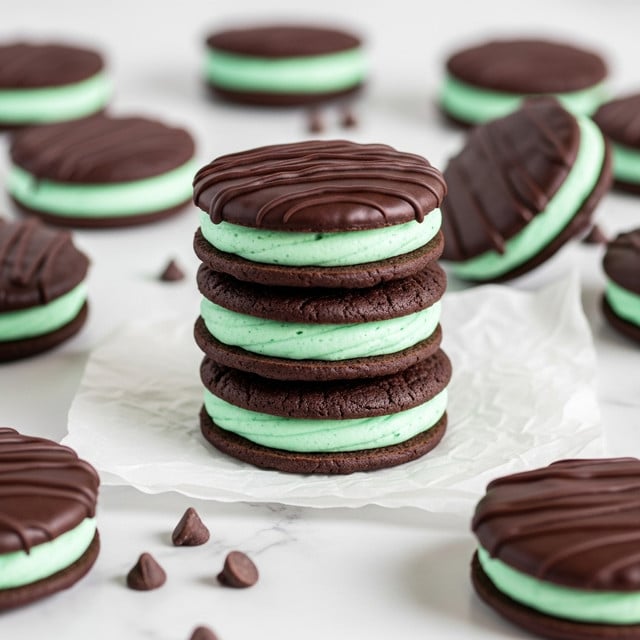 A stack of three sandwich cookies is shown on a crinkled white paper on a white marbled surface. Each cookie has three layers: a dark brown, almost black, chocolate cookie at the bottom forming a firm base; a thick, light green mint cream middle layer with a smooth, fluffy texture; and a top layer of dark chocolate with a glossy finish and thin, wavy dark chocolate drizzle. Around the stack, whole cookies with the same three layers are arranged, some in soft focus, with a few chocolate chips lying scattered nearby. The photo taken with an iphone --ar 4:5 --v 7