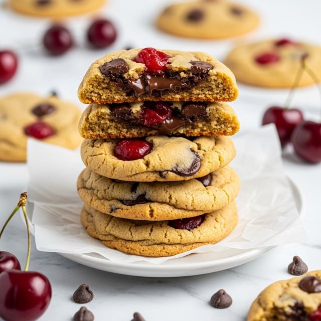 A stack of five golden-brown cookies with visible red cherry pieces and dark chocolate chips sits on a white plate lined with parchment paper, placed on a white marbled surface. The cookies appear soft and thick with a slightly cracked texture. The top cookie is broken in half, showing a chewy inside filled with melted chocolate and cherry bits. Around the plate, whole red cherries and loose chocolate chips add color and detail. The background is softly blurred with more cookies and cherries, creating a warm and inviting scene. photo taken with an iphone --ar 4:5 --v 7