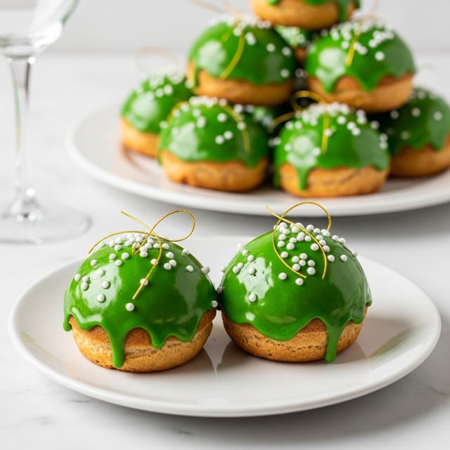 The image shows a close-up of two round pastries on a white plate, each topped with a thick layer of shiny green icing that drips slightly over the sides. Small white round sprinkles are scattered on top, adding texture and contrast to the green icing. Thin, golden decorative strands rest delicately on the pastries, adding a festive touch. Behind the plate, there is a stack of similar pastries with the same green icing and white sprinkles on a larger white plate. The scene is set on a white marbled surface, and a glass stem is partially visible on the left side of the image. photo taken with an iphone --ar 4:5 --v 7