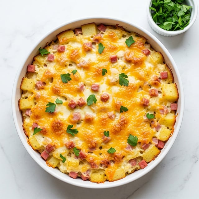 A white round casserole dish filled with a baked potato casserole that has a golden, slightly crispy top layer. The casserole contains visible chunks of creamy white potatoes mixed with small pieces of pink ham and melted cheese that looks bubbly and gooey across the surface. Small green parsley pieces are sprinkled on top, adding a fresh touch of color. The dish sits on a white marbled texture surface with a small white bowl of fresh green parsley leaves beside it. photo taken with an iphone --ar 4:5 --v 7