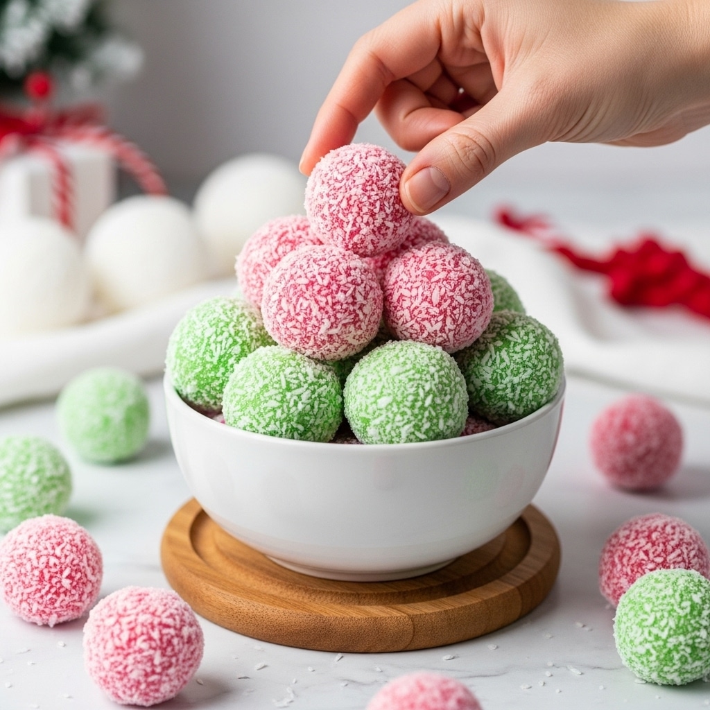 A white bowl filled with round candy balls covered in shredded coconut, stacked in two main layers inside the bowl, with the bottom layer mostly touching the bowl and the second layer sitting above it; the candy balls come in two colors, light green and pink, with a rough shredded coconut texture on their surface. A woman's hand is gently picking up a pink candy ball from the top layer. Several pink and green balls are scattered around the bowl on a white marbled surface, and the bowl is placed on a round wooden coaster. The background features blurred holiday decorations in soft white and red tones. photo taken with an iphone --ar 4:5 --v 7