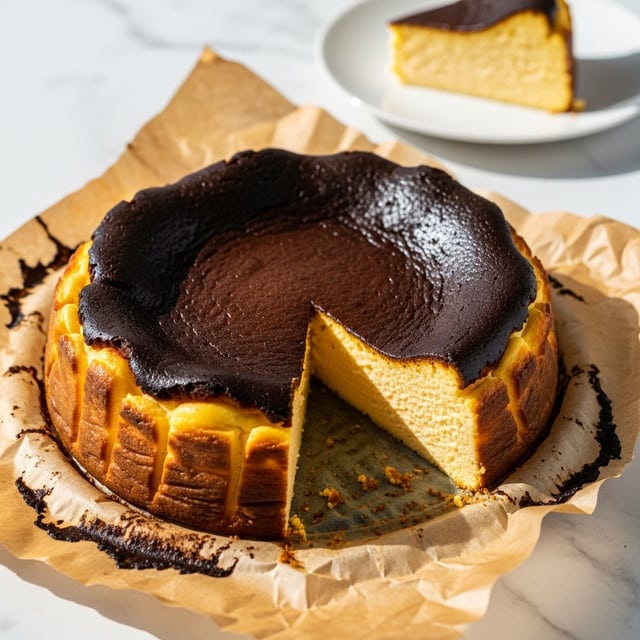 A close-up image of a golden brown Basque cheesecake with a dark, slightly burnt top layer that looks smooth and shiny. The cake is thick with a creamy, dense, pale yellow inside, showing a soft texture. It sits on wrinkled, brown parchment paper with some browned spots from baking. A slice is cut out and placed on a white plate in the background. The whole scene is set on a white marbled surface with bright natural light highlighting the contrasting colors and textures of the cheesecake. Photo taken with an iphone --ar 4:5 --v 7