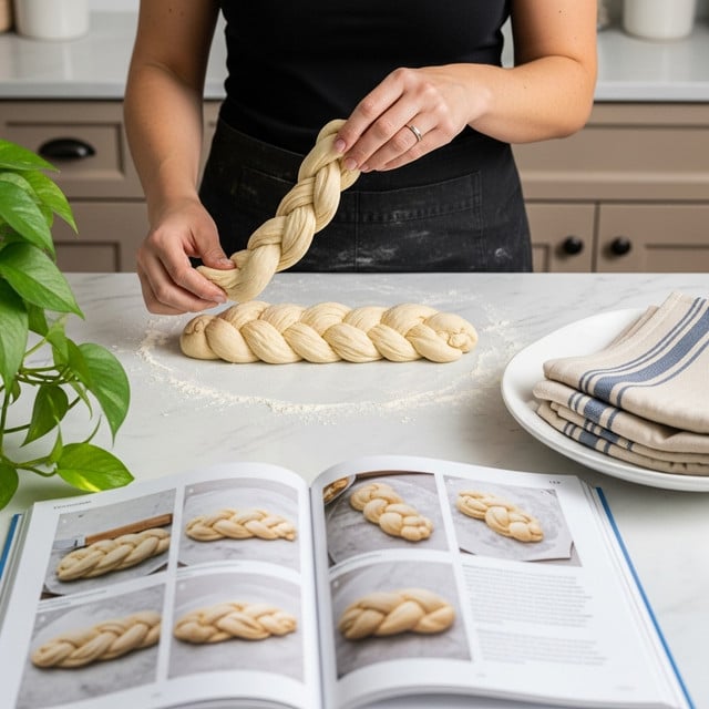 A close-up of a kitchen scene showing a woman's hands working on dough on a white marbled countertop. The dough is light yellow and soft, braided in three thick strands, with one strand being lifted by the woman's right hand while the left hand holds another strand steady. In the foreground, an open cookbook lies flat, showing step-by-step photos of a similar braid and text instructions. To the right, a white dish holds folded kitchen towels in beige and blue stripes. A green leafy plant is partially visible on the left side. The kitchen has light beige cabinets in the background. photo taken with an iphone --ar 4:5 --v 7