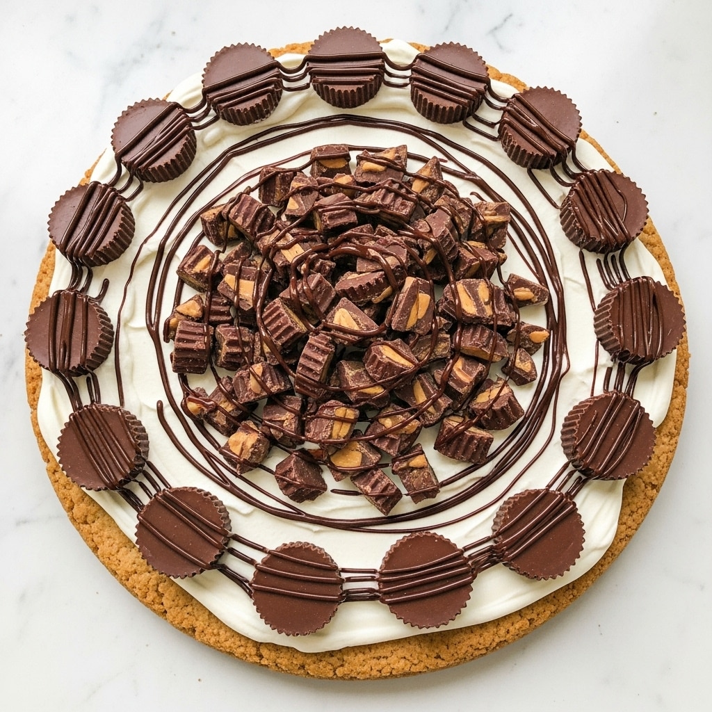 A large round dessert pizza with a golden brown base topped with a layer of white whipped cream spread evenly across the top. Around the edge, there are whole chocolate peanut butter cups placed in a circle, each drizzled with dark chocolate. The center is piled high with roughly chopped chocolate peanut butter cup pieces, also covered with a drizzle of dark chocolate. The dessert sits on a white marbled surface. Photo taken with an iphone --ar 4:5 --v 7
