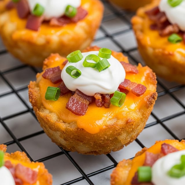 The image shows a close-up of a crispy golden-brown tater tot cup filled with melted cheddar cheese and topped with small crispy bacon bits. On top of the bacon bits, there is a small swirl of white sour cream sitting in the center. Scattered around the sour cream are tiny pieces of green onion, adding a touch of fresh green color. The tater tot cup has a rough and crunchy texture on the outside, while the inside looks soft and cheesy. The cups are sitting on a black cooling rack against a white marbled surface. Photo taken with an iphone --ar 4:5 --v 7