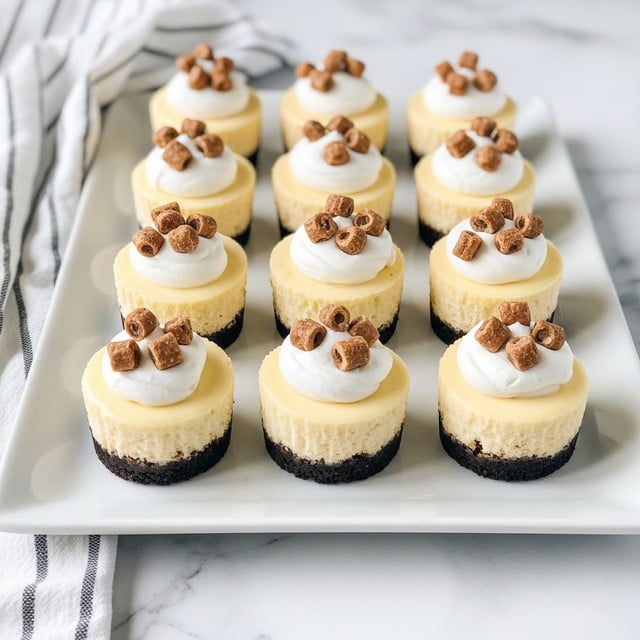 The image shows a white rectangular plate with nine mini cheesecakes arranged in three rows. Each cheesecake has three layers: a bottom dark brown crumbly crust, a thick smooth pale yellow cheesecake layer in the middle, and a dollop of white whipped cream on top. The whipped cream is decorated with small chunky brown and tan toffee or nut pieces. The plate is placed on a white marbled surface, with a striped white and gray cloth to the left side of the frame. The lighting is bright and natural, highlighting the creamy texture of the cheesecakes. Photo taken with an iphone --ar 4:5 --v 7