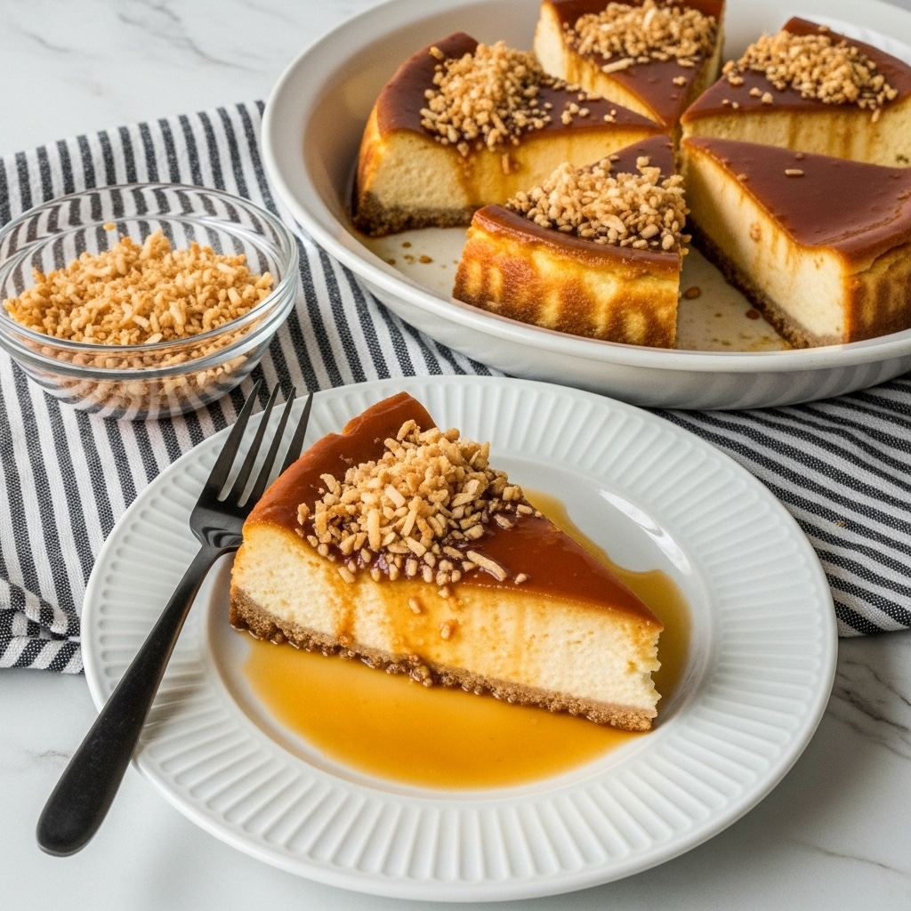 A slice of smooth caramel flan cheesecake sits on a white plate with ridged edges, covered by a glossy caramel layer topped with toasted shredded coconut mostly concentrated on one side. The cheesecake base is a light yellow color, slightly visible under the caramel, and pools of caramel sauce surround the slice. Nearby is a black fork placed on the plate, and a large white dish with three more slices of the same cheesecake with a shiny caramel top. To the side is a small clear glass bowl filled with toasted shredded coconut, resting on a black and white striped cloth all placed on a white marbled surface. Photo taken with an iphone --ar 4:5 --v 7