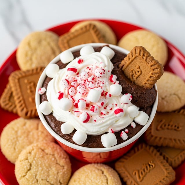 A red cup filled with rich dark brown chocolate mousse topped with a thick layer of white whipped cream, small white marshmallows, and red-and-white crushed peppermint candy pieces scattered on top. A crispy brown rectangular biscuit is partially dipped in the mousse inside the cup. The cup sits on a red plate surrounded by round golden sugar-coated cookies and more brown rectangular biscuits. The background is a white marbled texture. photo taken with an iphone --ar 4:5 --v 7