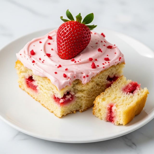 A square piece of soft, light yellow cake sits on a white plate with a moist texture visible inside, mixed with bits of red strawberry. On top, there is a thick layer of creamy pink frosting that looks smooth but slightly melted, with small red crumbs scattered on it. A whole ripe red strawberry with green leaves is placed centrally on the pink frosting. A small piece of the cake is broken off and lies beside the main piece, showing the red inside. The plate rests on a white marbled surface. photo taken with an iphone --ar 4:5 --v 7