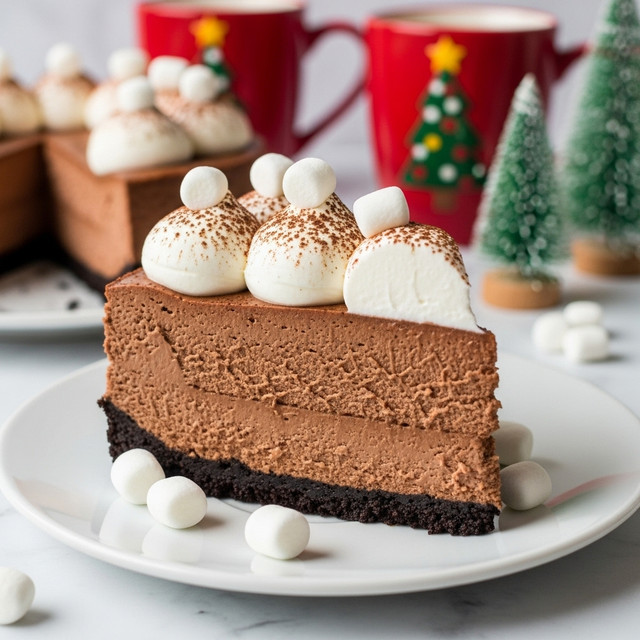 A slice of chocolate cheesecake with two layers rests on a white plate with a few small white marshmallows scattered around it. The bottom layer is a dark, crumbly chocolate crust, while the thicker top layer is smooth milk chocolate cheesecake. On top, there is a swirl of white whipped cream sprinkled lightly with cocoa powder, and several small white marshmallows are placed on and around the cream. The background shows blurred red mugs with Christmas tree designs and small decorative green trees on a white marbled surface. Photo taken with an iphone --ar 4:5 --v 7