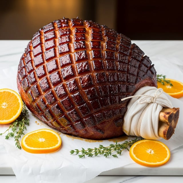 A large ham with a dark, shiny, glazed surface is shown, featuring a crisscross pattern carved into the top layer, revealing a rich, caramelized texture. The ham is placed on white parchment paper atop a white marbled surface. Around the ham, there are several bright orange slices and green herb sprigs, most likely thyme, adding fresh color to the scene. The bone end of the ham is wrapped in a white cloth tied with a string, giving it a rustic look. The background is softly blurred with warm, dark tones. photo taken with an iphone --ar 4:5 --v 7