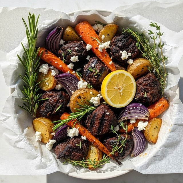 The image shows a bowl lined with parchment paper filled with a colorful mix of roasted vegetables and chunks of dark, grilled meat. The dish includes bright orange carrot pieces, deep purple onion chunks, and golden brown potato pieces scattered throughout. There are small white crumbles of cheese sprinkled on top, adding a creamy texture contrast. Fresh green rosemary sprigs and thyme sprigs are placed on and around the food for garnish. A lemon wedge with its bright yellow color sits among the ingredients, adding a fresh look to the dish. The bowl rests on a white marbled surface with a soft natural light shining on the food, highlighting its textures and colors. Photo taken with an iphone --ar 4:5 --v 7