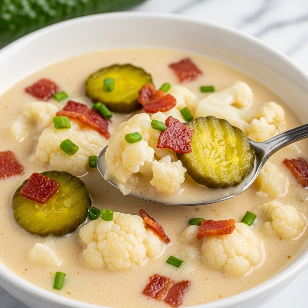 A close-up of a creamy soup in a white bowl, showing chunks of soft white cauliflower floating in the light beige broth. There are bright green pickle slices and small bright green chive pieces scattered on top. Crispy pieces of reddish-brown bacon add texture and color contrast throughout the soup. A silver spoon holds a scoop of cauliflower and a pickle slice, partially submerged in the creamy liquid. The background features a white marbled surface with a hint of green blurred at the top. photo taken with an iphone --ar 4:5 --v 7