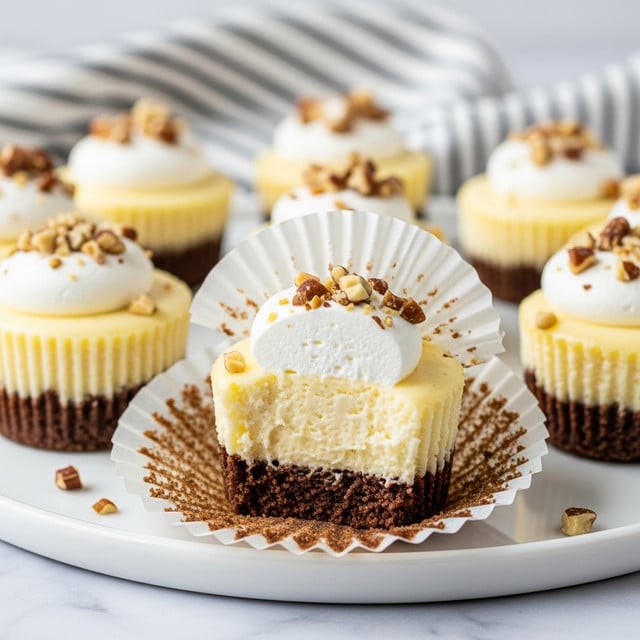 The image shows multiple mini cheesecakes on a white plate with a white marbled surface. Each cheesecake has three visible layers: a dark brown crumbly base, a smooth pale yellow middle cheesecake layer, and a small dollop of white whipped cream on top. The whipped cream is sprinkled with small chunks of light and dark brown nuts. One cheesecake at the front is partially unwrapped with its white cupcake liner peeled back, showcasing the texture of the layers clearly. A striped cloth is softly blurred in the background. photo taken with an iphone --ar 4:5 --v 7