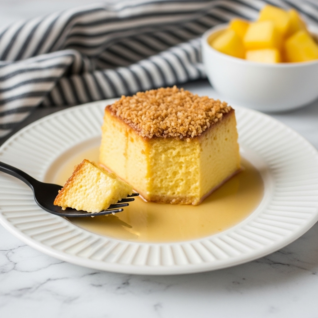 A slice of yellow custard-like cake with a golden-brown toasted coconut topping rests on a white ridged plate, surrounded by a glossy amber syrup pooling around its base; a black fork holds a square piece of the moist inner layer of the cake in the foreground, with a blurred white bowl of cubed yellow fruit and a black and white striped cloth in soft focus on a white marbled surface behind. photo taken with an iphone --ar 4:5 --v 7