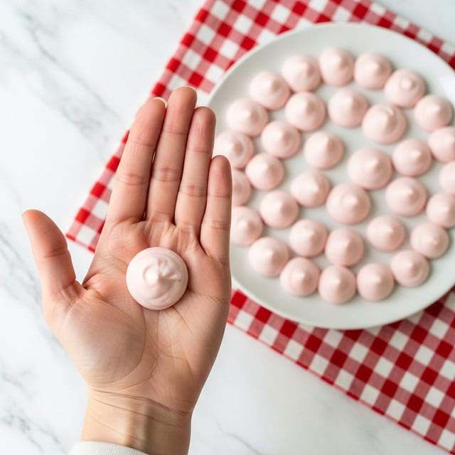 A woman's hand is holding a small, round dollop of pale pink cream with a smooth texture in the center of the palm. In the background, there is a white marbled surface with a white plate filled with many similar small dollops arranged evenly in rows. A red and white checkered cloth is spread partially underneath the plate, adding a touch of color to the scene. The overall look is clean and soft. photo taken with an iphone --ar 4:5 --v 7