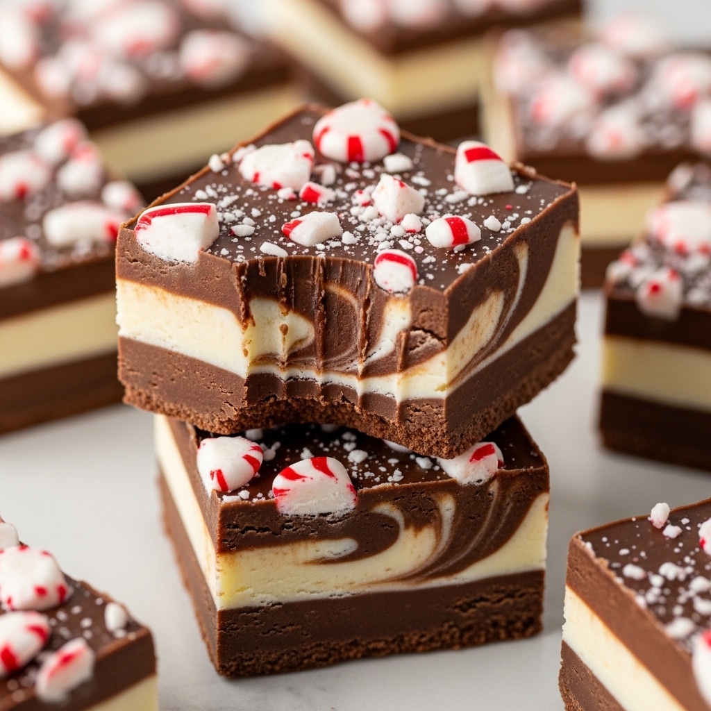 A close-up view of square chocolate fudge pieces with three visible layers showing a swirled pattern of dark brown chocolate and creamy white chocolate. The top layer is solid dark brown chocolate, covered with broken pieces of white peppermint candy with red stripes. The fudge pieces are stacked with one piece on top showing a bite taken out, revealing the marbled texture inside. The background features more fudge squares on a white marbled surface. photo taken with an iphone --ar 4:5 --v 7
