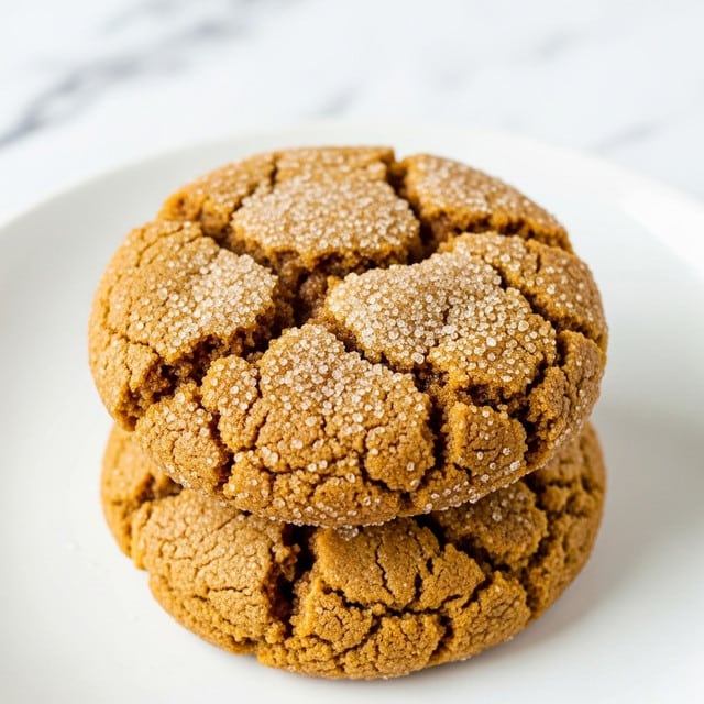The image shows two soft, chewy cookies stacked on a white plate with a white marbled background. The top cookie has a cracked surface dusted with sugar crystals, revealing its moist and slightly crumbly golden-brown inside layer. The lower cookie is partially visible beneath, showing a similar crackled texture and warm brown color, giving the impression of freshly baked, tender treats. Photo taken with an iphone --ar 4:5 --v 7