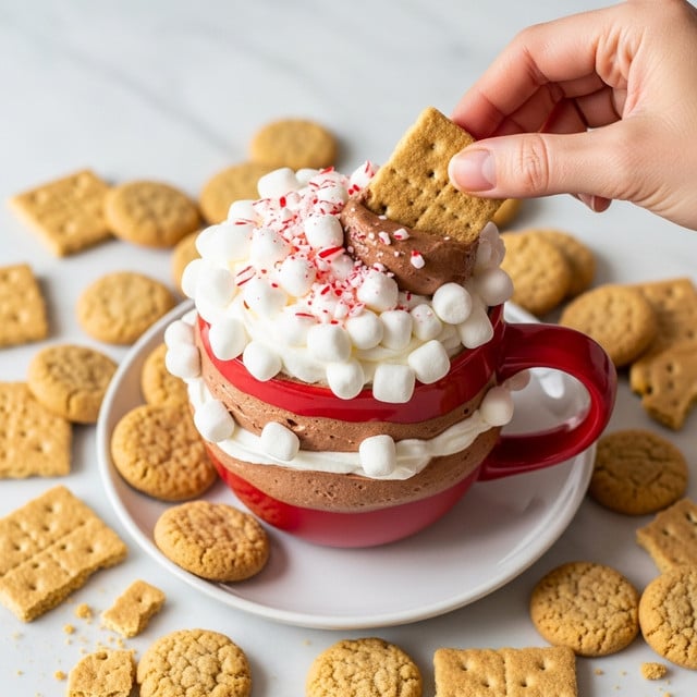 A red mug filled with three layers: the bottom layer is smooth chocolate mousse, the middle layer is thick white whipped cream piled high with soft mini marshmallows, and the top layer has small pieces of crushed red and white candy cane scattered over the whipped cream. A woman's hand dips a square piece of golden brown graham cracker into the mousse. The mug sits on a white plate surrounded by round, golden cookie nuggets and multiple broken pieces of graham crackers, all placed on a white marbled surface. Photo taken with an iphone --ar 4:5 --v 7
