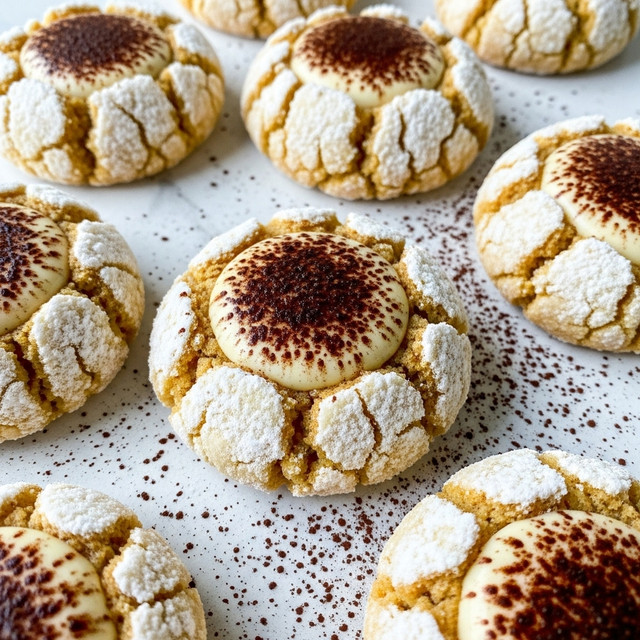 The image shows round cookies with a cracked outer layer covered in white powdered sugar, revealing a golden-brown dough underneath. Each cookie has a smooth cream-colored center topped with a dusting of dark brown cocoa powder. The surface beneath the cookies is a white marbled texture with scattered cocoa powder around the cookies. Multiple cookies are arranged loosely, some partially visible in the background. The texture of the cookies is a mix of soft and crumbly, with contrasting colors between the white sugar, golden dough, cream center, and brown cocoa powder. Photo taken with an iphone --ar 4:5 --v 7