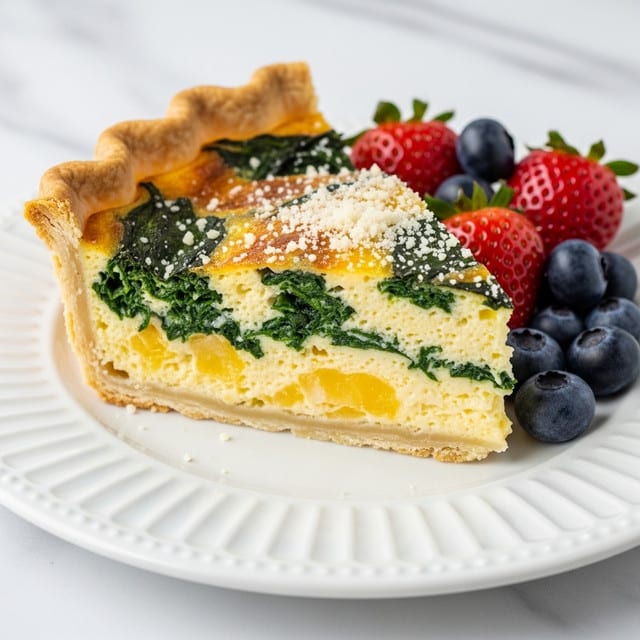 A single slice of quiche is placed slightly angled on a white plate with fluted edges. The quiche has three visible layers: a thick, golden-brown flaky crust at the bottom and edges, a middle layer of creamy yellow egg custard with some browned and slightly crispy spots, and a top layer filled with dark green spinach mixed into the custard. The surface is sprinkled with grated white cheese, adding texture. Next to the quiche on the plate are fresh berries—bright red strawberries and plump dark blue blueberries—arranged casually. The background is a white marbled texture. Photo taken with an iphone --ar 4:5 --v 7