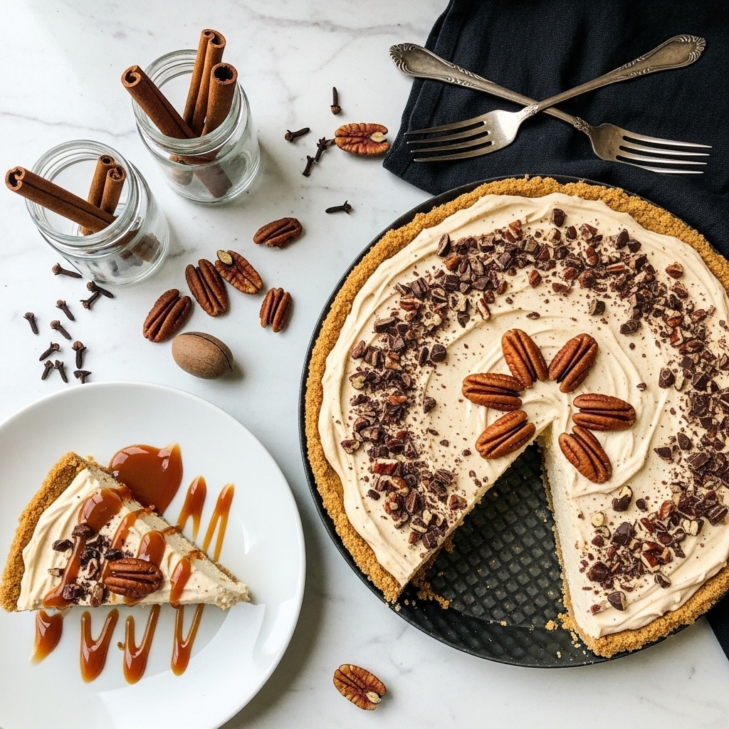 A creamy pie with a golden crust is shown with one slice removed, revealing a smooth, light beige filling that has a soft, mousse-like texture. The top layer is sprinkled with chopped chocolate pieces and pecans, with whole pecans arranged in a star shape in the center. The pie sits on a black textured pie pan. To the left, a slice of the pie is served on a white plate, drizzled generously with caramel sauce. Around the pie and plate, there are scattered whole pecans and small glass jars holding cinnamon sticks and cloves, all placed on a white marbled surface. Two old silver forks rest on a dark cloth near the top right corner. photo taken with an iphone --ar 4:5 --v 7