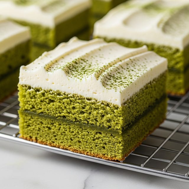 A close-up of a square green tea cake slice shows two layers: the bottom layer is a thick, moist, green sponge cake with a slightly crumbly texture; the top layer is a smooth, creamy white frosting spread evenly with soft wave-like patterns, sprinkled lightly with fine green tea powder. The cake rests on a metal cooling rack over a white marbled surface, with more slices visible in the background. Photo taken with an iphone --ar 4:5 --v 7