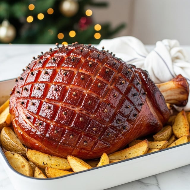 A large cooked ham sits in a white pan, its surface shiny with a dark brown glaze and marked by a diamond pattern of cuts, each intersection studded with cloves. The ham's outer layer looks slightly crispy and caramelized, with a smooth, glossy texture showing juicy meat underneath. Around the ham, there are roasted golden-brown potato wedges with a slightly crisp skin. Behind the ham, a white cloth with faint stripes is partially tied around the bone end. The background shows a blurred Christmas tree with green branches and golden ornaments, set against a white marbled surface. Photo taken with an iphone --ar 4:5 --v 7